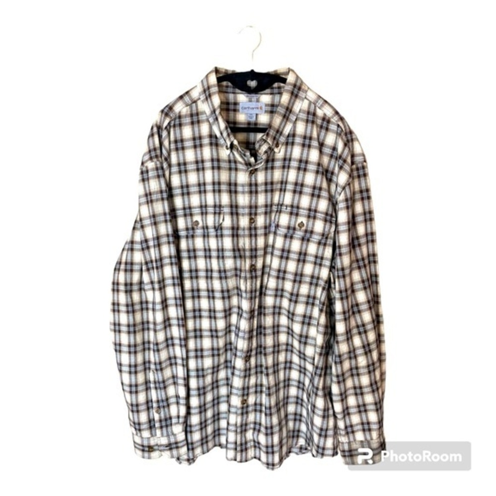 Carhartt Relaxed Fit Long Sleeved Button Down Plaid Brown Blue Tan Shirt 2XL